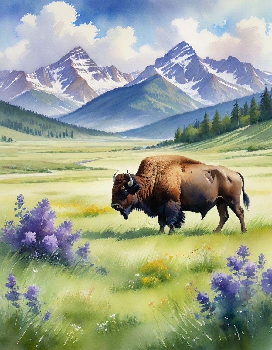 A serene landscape showcasing a majestic bison grazing peacefully in a lush green meadow under a bright blue sky. The sunlight filters through fluffy white clouds, illuminating the bison's strong features, while a few playful butterflies flutter around, capturing the essence of happy moments in nature. In the background, distant mountains add depth to the scene, creating a tranquil atmosphere. watercolor style. vibrant colors.