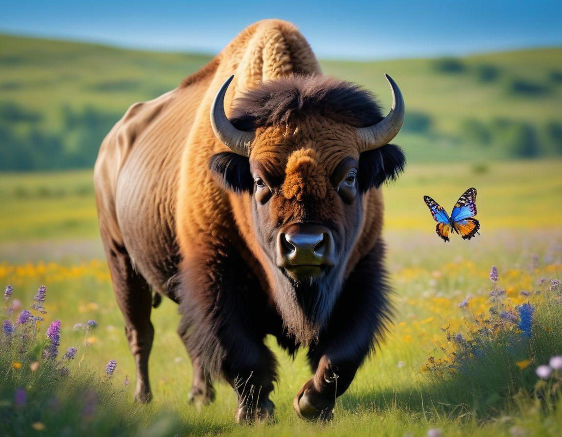 A majestic bison standing in a sunlit meadow, with playful butterflies fluttering around it, capturing the essence of joy and serenity. In the background, soft rolling hills and a vibrant blue sky add depth and warmth to the scene. Include a photographer candidly capturing the moment, showcasing their joy and passion for photography. The image should evoke happiness and connection with nature. super-realistic. vibrant colors. soft focus.