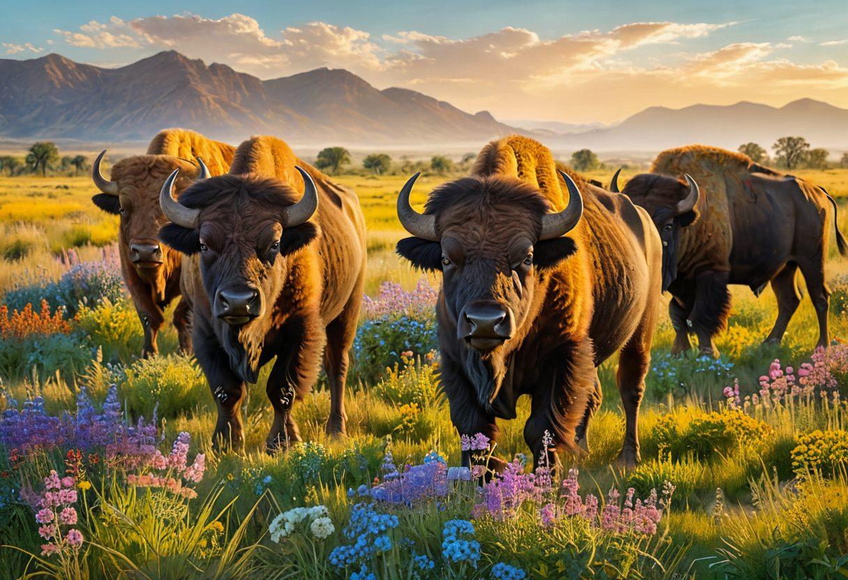 A heartwarming scene featuring a group of smiling buffalo gathered in a sunlit meadow, their joyful expressions radiating warmth and connection. Surround them with vibrant wildflowers and a clear blue sky, capturing the essence of happiness and community in nature. Soft golden sunlight casts a gentle glow, enhancing the cheerful atmosphere. super-realistic. vibrant colors. natural setting.